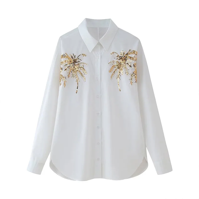 

Summer Women's Shirt Blouse 2024 New Casual Fashion Loose Sequins Decorated Long Sleeve Lapel Button Shirt Tops Women's Clothing