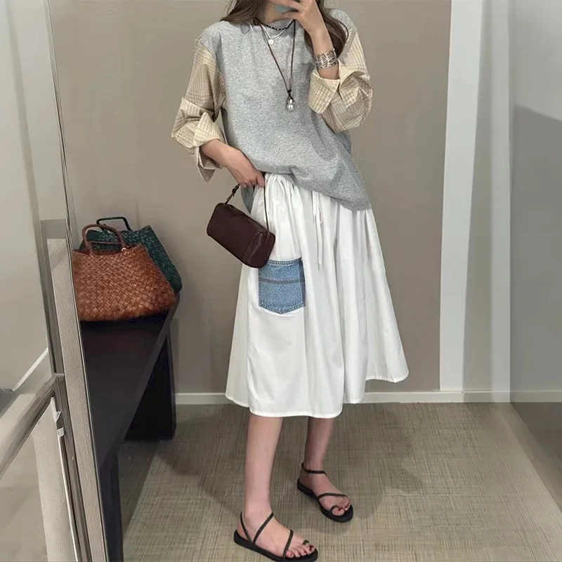 Gima Design Lässiger A-Linien-Rock mit hoher Taille und Dstring, elastischer Taille, langer Rock mit Spleißung für Damen