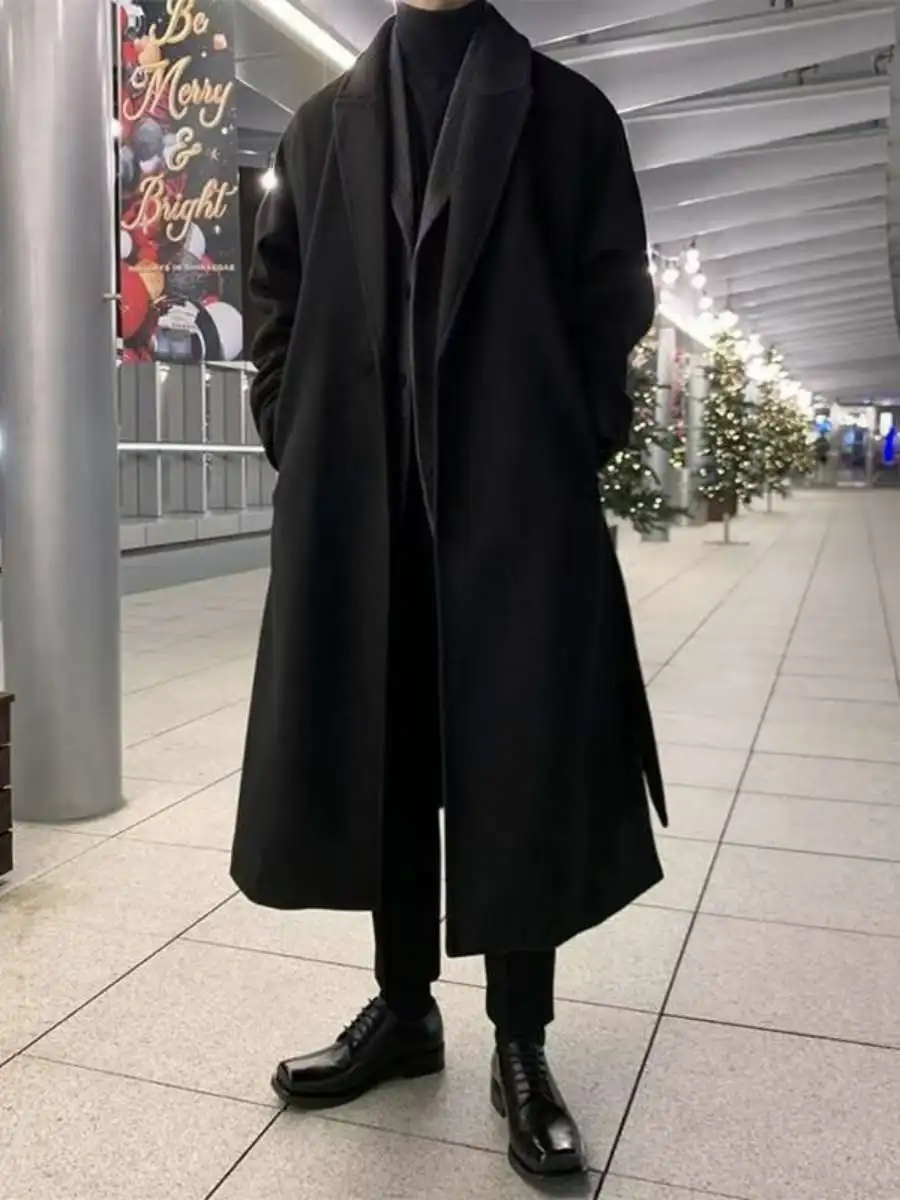 

Korean Sle Versatile Mid-Length Men's Spring Autumn Knee-Length Briti Sle Woolen Coat Loose Trendy Outerwear