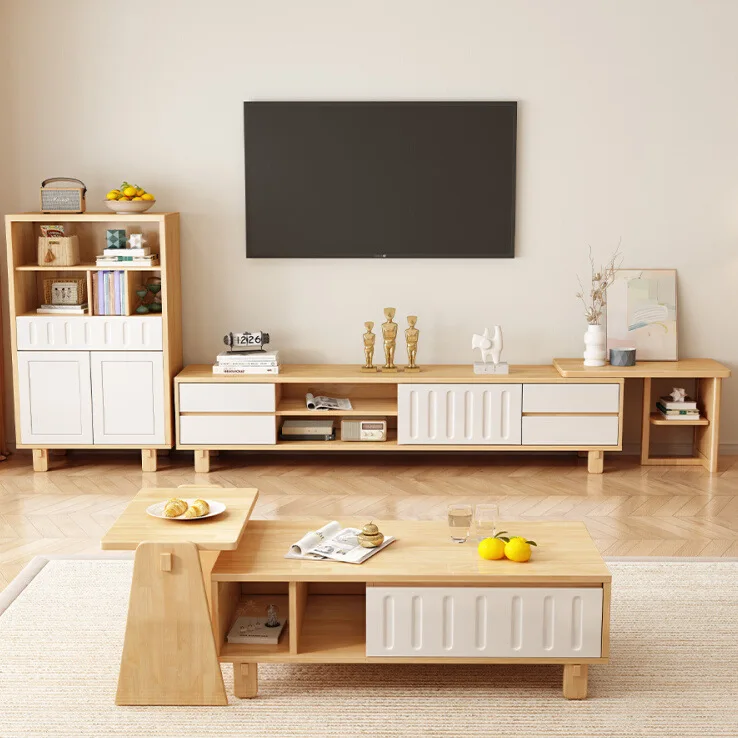 Solid wood TV cabinet coffee table combination, simple rubber wood solid wood TV cabinet in the living room