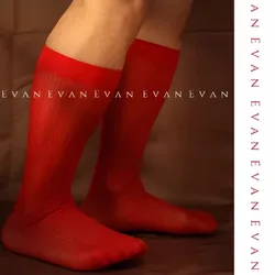 Men's Red Stockings Sexy Pinstripe Sheer Business Formal Dress Long Socks for Men Nylon Soft Thin Elastic See Through Calf Socks