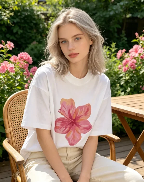 2026 New Hibiscus Flower T Shirt Pink Floral Graphic White Crewneck Loose Tee Clothes for Women Summer Cafe Casual Shopping Wear