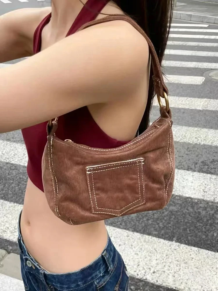 Bolso de mano de pana marrón para mujer, bolsa de hombro Vintage con bolsillo de algodón de alta calidad, costura blanca, cuatro estaciones