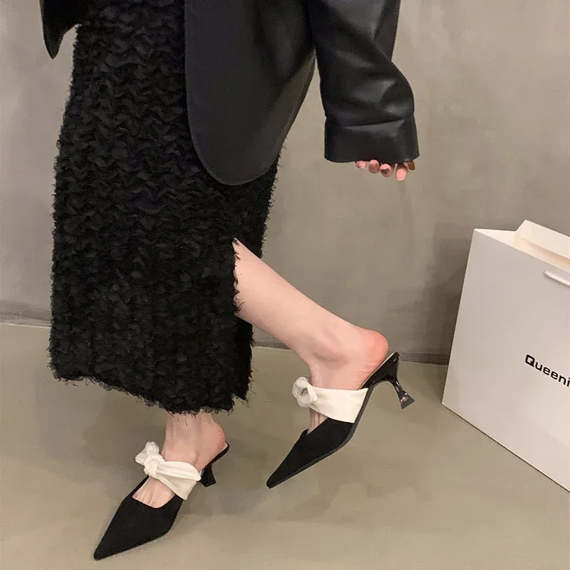 Summer Street Style Bowknot  Slippers Woman Fashion Pointed Toe Mules Shoes Sexy Party Prom Zapatos De Mujer