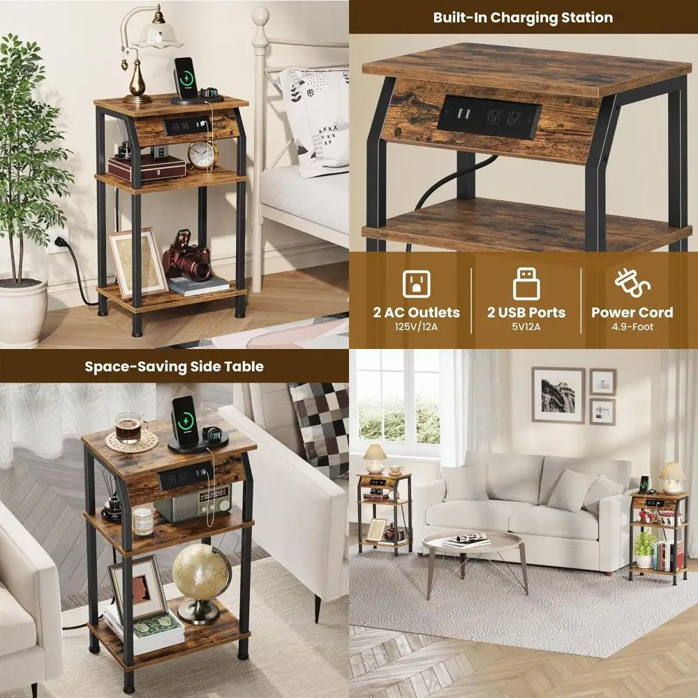 

3-Tier Storage Side Table with Charging Port, Slim Rustic Brown Nightstand for Home & Office