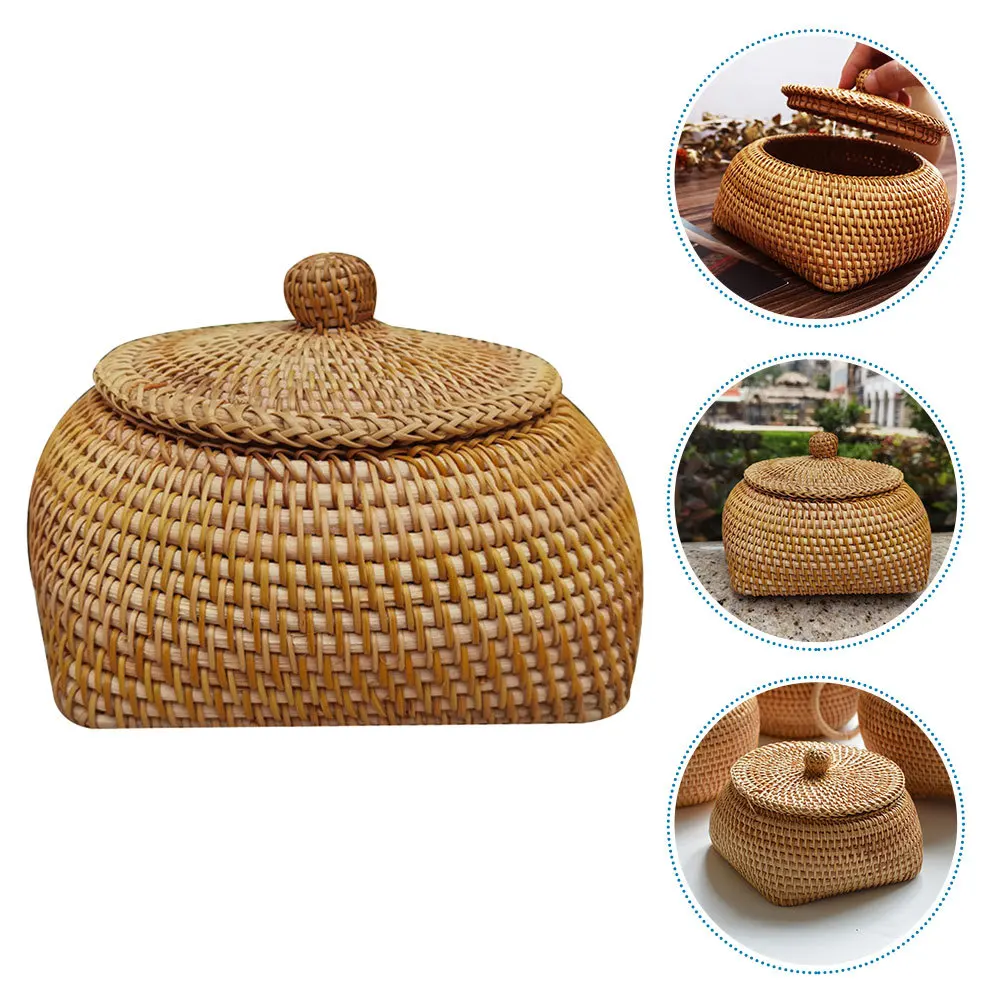 

Woven Storage Basket Lid Reusable Household Office Bakery Fruit Bread Egg Snack Organizer Woven Basket with Lid