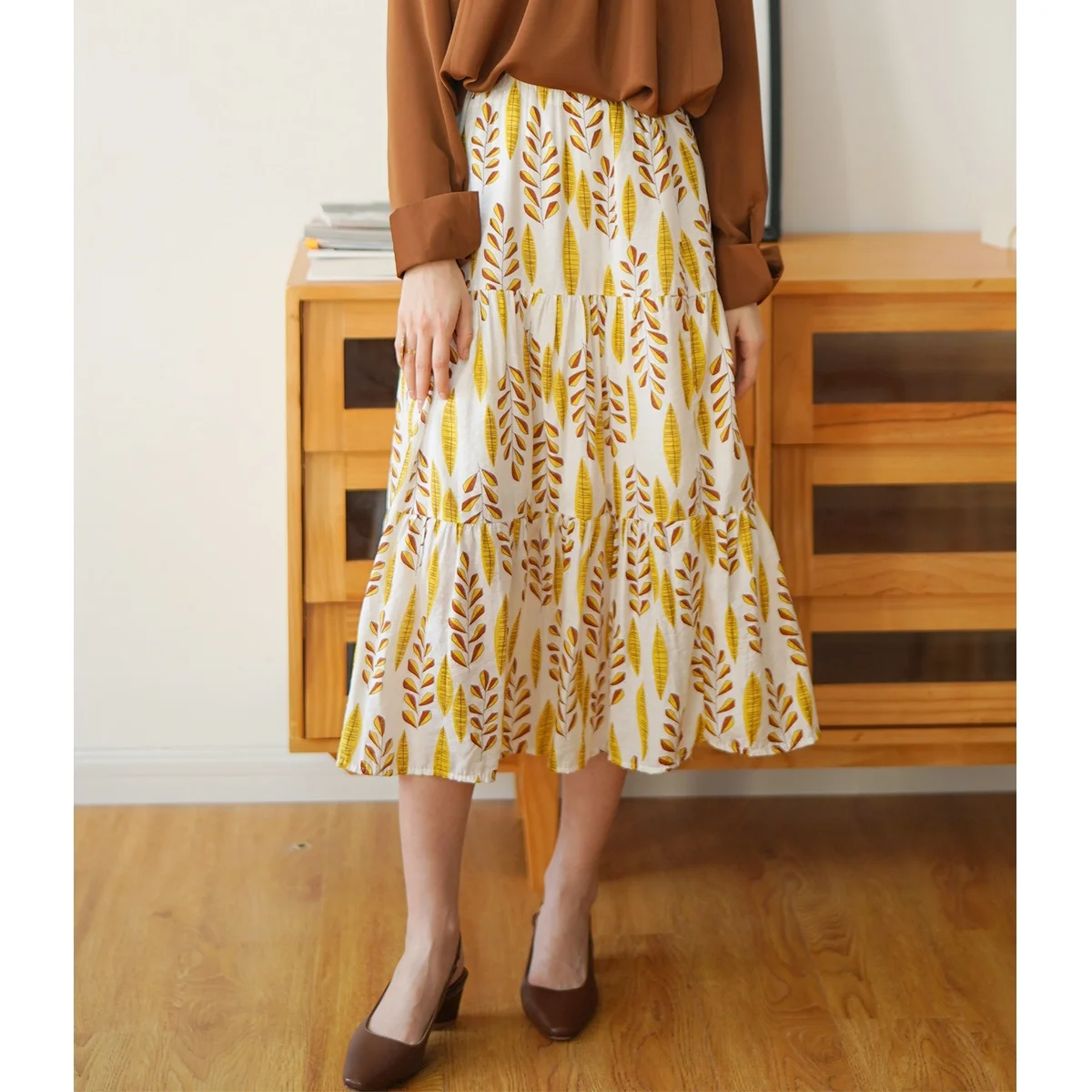 

Ele Fre High Waist Loose A-Line Midi Umbrella Skirt for Women Retro Print Commuter Sle Girls Faion Spring Season