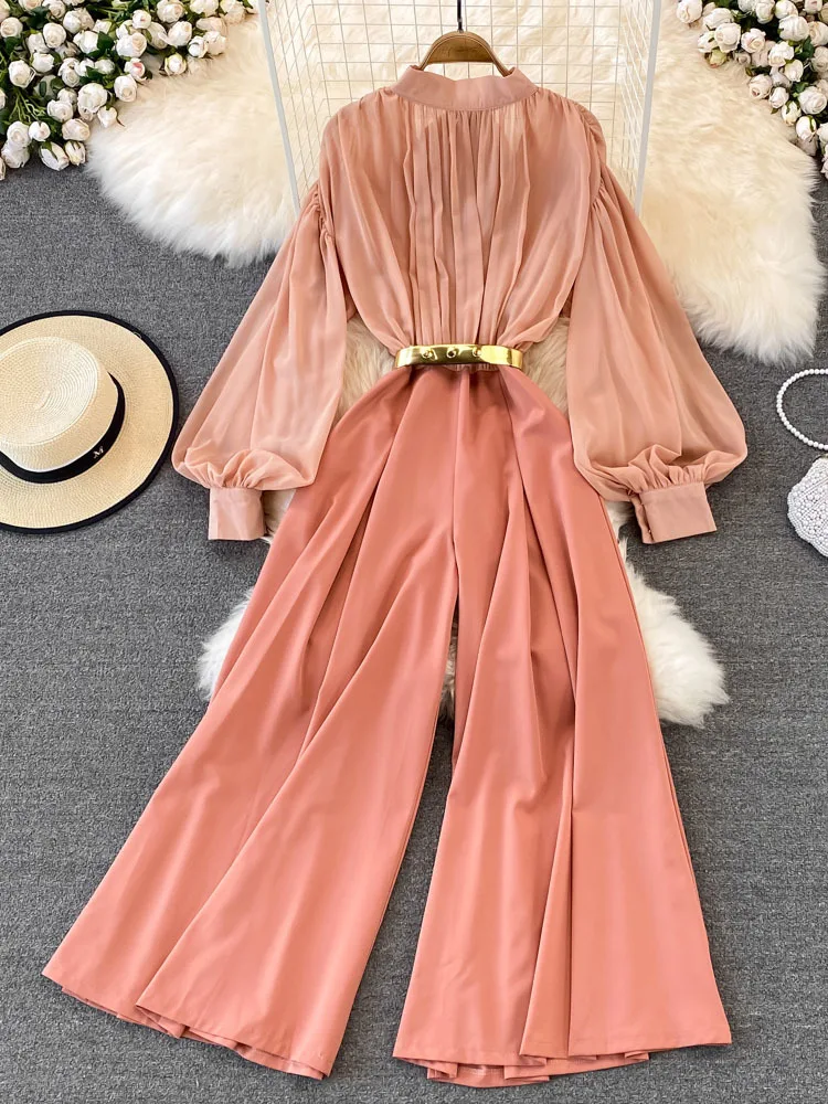 EWQ Sweet Style Women Jumpsuits Pleated Stand Collar Lantern Sleeve Solid Color Wide Leg Jumpsuit Spring Summer 2023 New SN0533