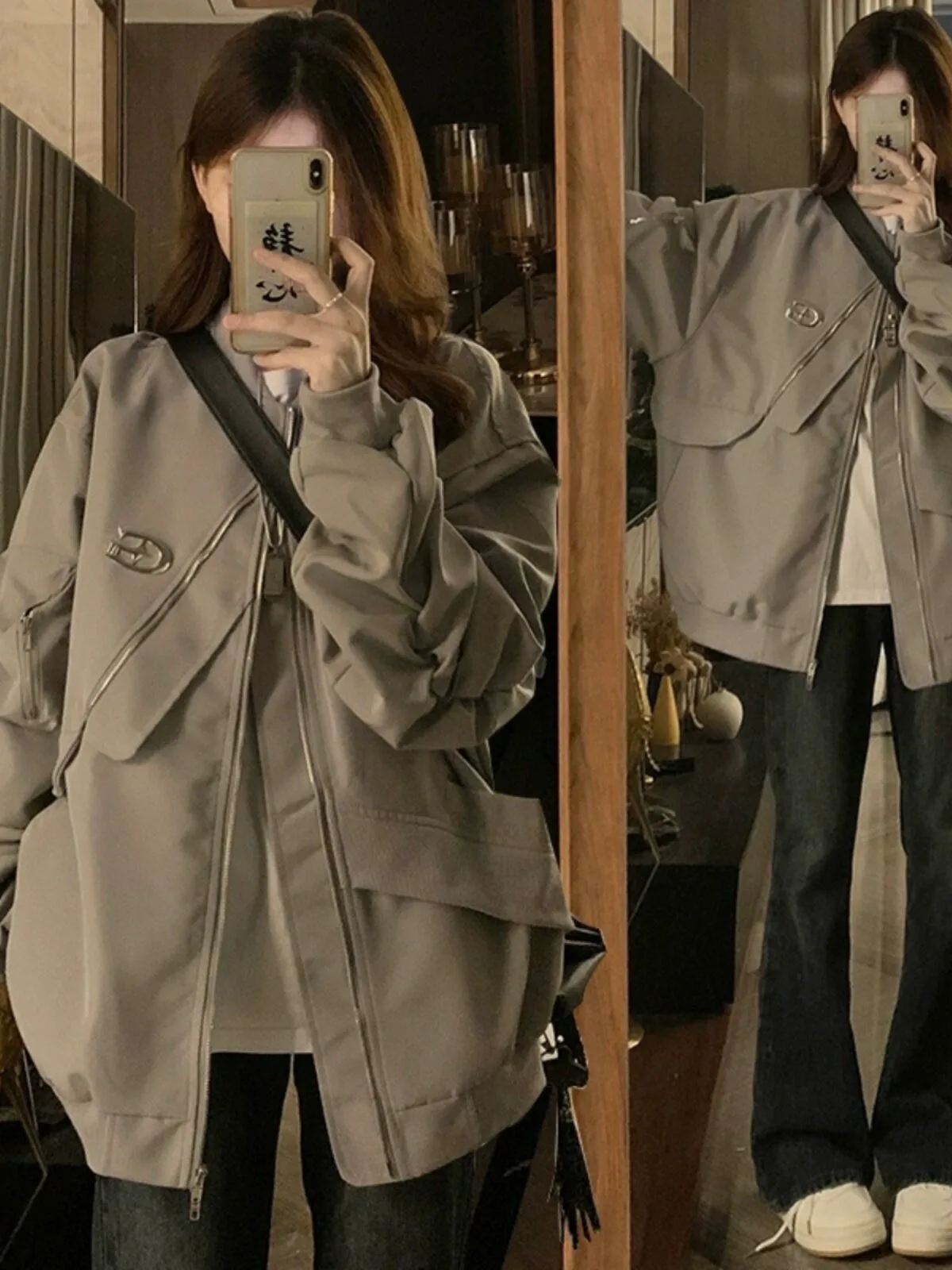 Spring Autumn Women Couples Baseball Jacket American Streetwear Irregular Metal Label Pilot Jacket Loose Stylish Ladies Outerwea