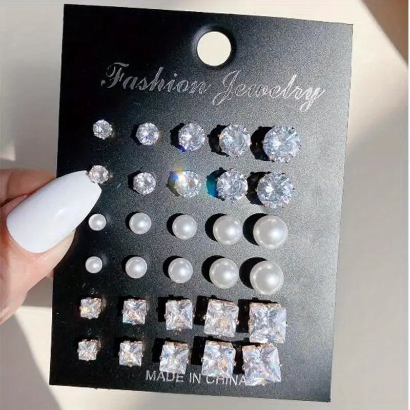 Fashion 15 Pairs Set Simple Elegant Tiny Crystal Rhinestone Immitation Pearl Stud Earrings for Women Small Piercing Ear Jewelry