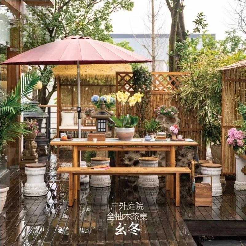 Chinese garden landscaping outdoor garden tables and chairs, full teak pavilion tea table outdoor solid wood tea table