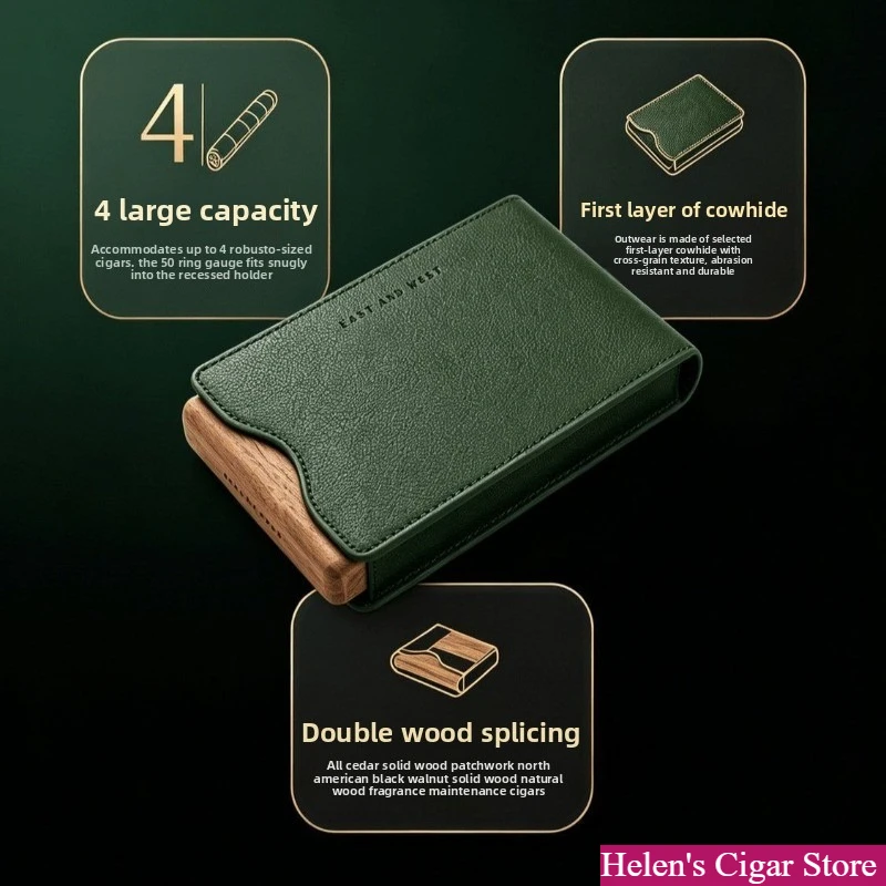 High-end Slide-Out Cigar Box, Portable 4-Cigar Cedar Wood Case Fits Robusto,Top Layer Genuine Leather Travel Pouch, Men's Gift