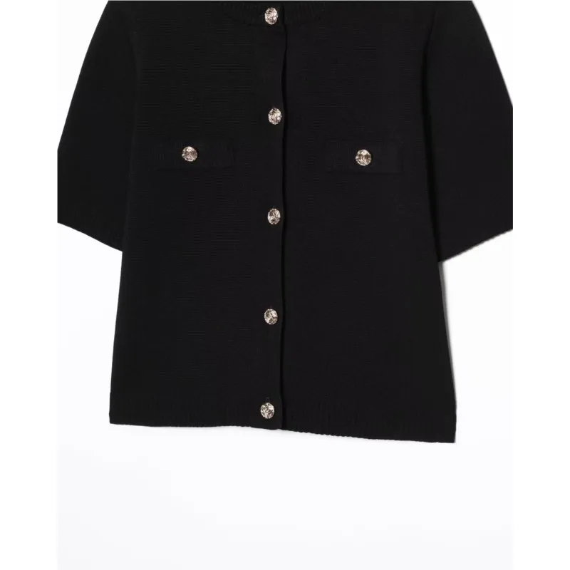 Cardigan de malha feminina com botão outono manga curta malha feminina topo liso elástico o pescoço camisola feminina