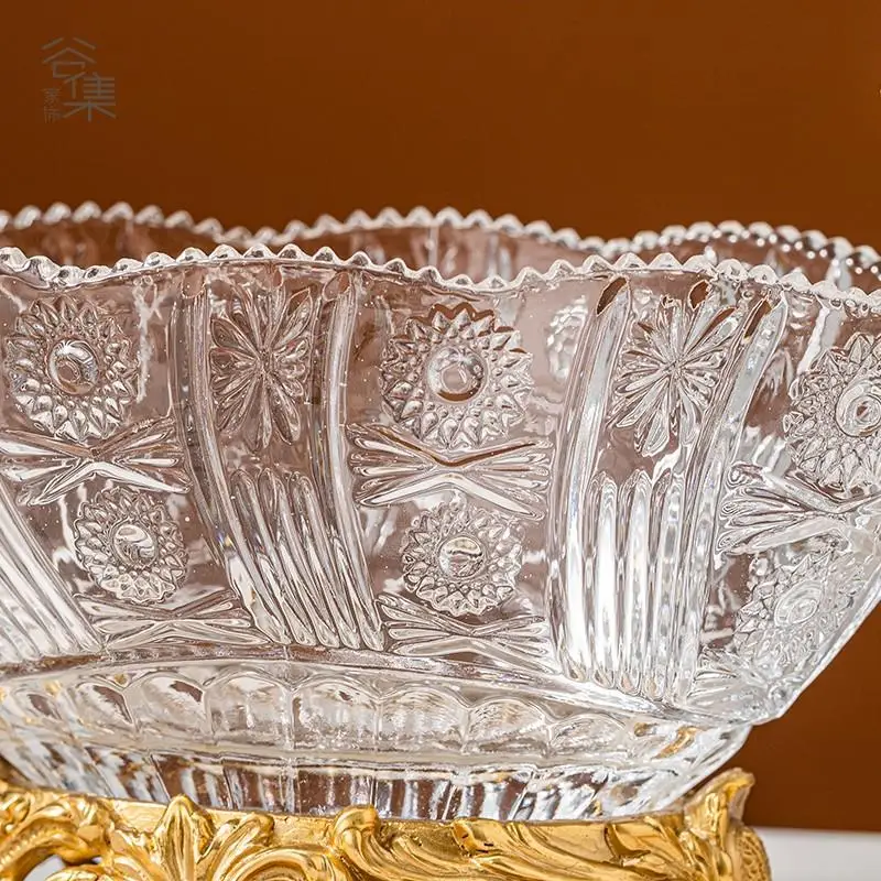 Crystal Glass Fruit Bowl Vintage Brass Fruit Plate Living Room Desktop Coffee Table Storage Tray Home Decoration Ornaments