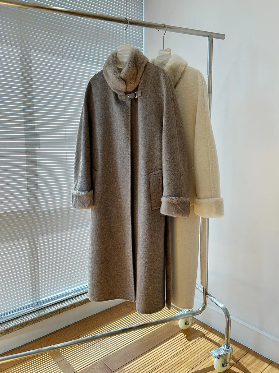 

Пальто из шерсти альпаки с воротником-стойкой из норки и меха, двусторонняя кашемировая длинная шерстяная твидовая куртка, женский стиль с поясом