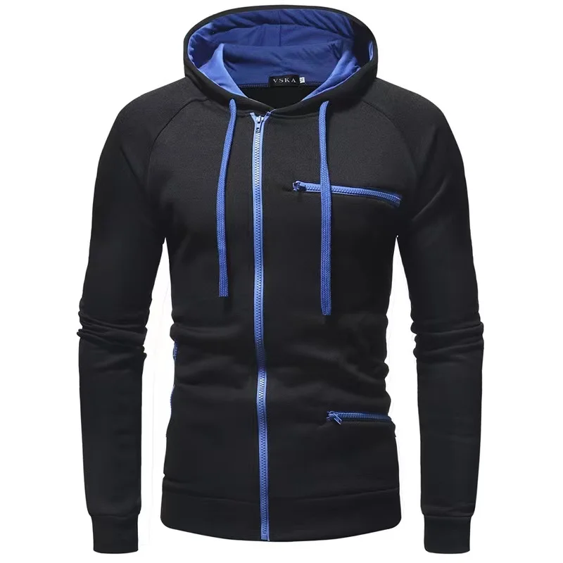 2024 New men's solid color sports and leisure hoodie with fleece cardigan and hooded men's jacket