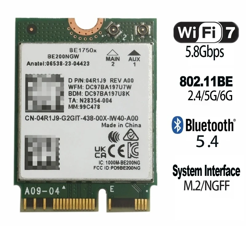 2026 Be1750x Wireless Network Card Wifi7 Tri Band 2.4 5 6 Ghz 5.8Gbps Bt5.4 M2 Pcie 80211Be Be200Ngw