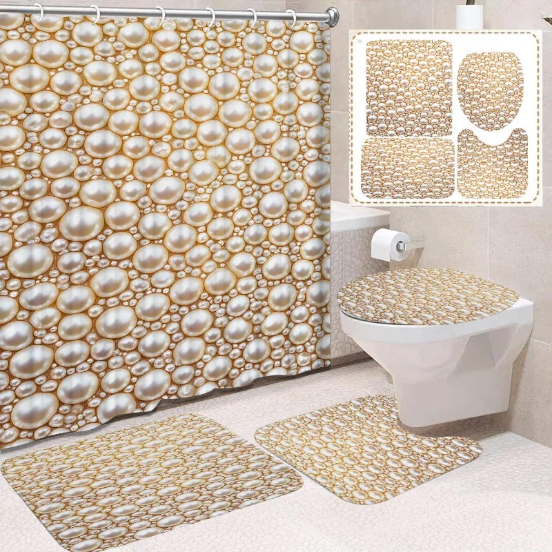 4pcs Bathroom Set Geometric Printed Shower Curtain Floor Mat Toilet Seat Mat and Bath Mat Bathroom Hotel Privacy Decoration