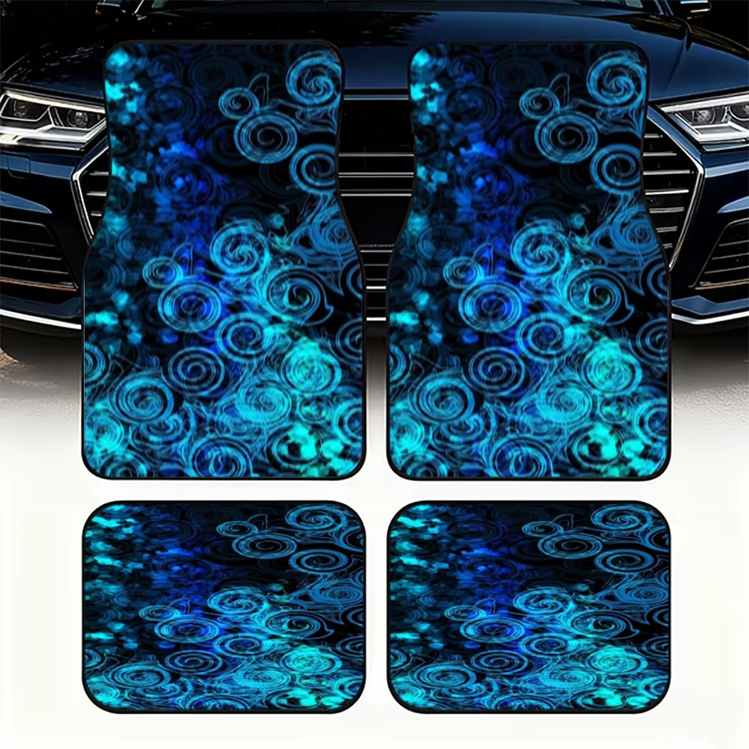 4pcs Car Floor Mats | Vibrant Blue Swirl Pattern, Polyester Material, Universal Fit For Cars, Dynamic Neon-like Design, Easy To