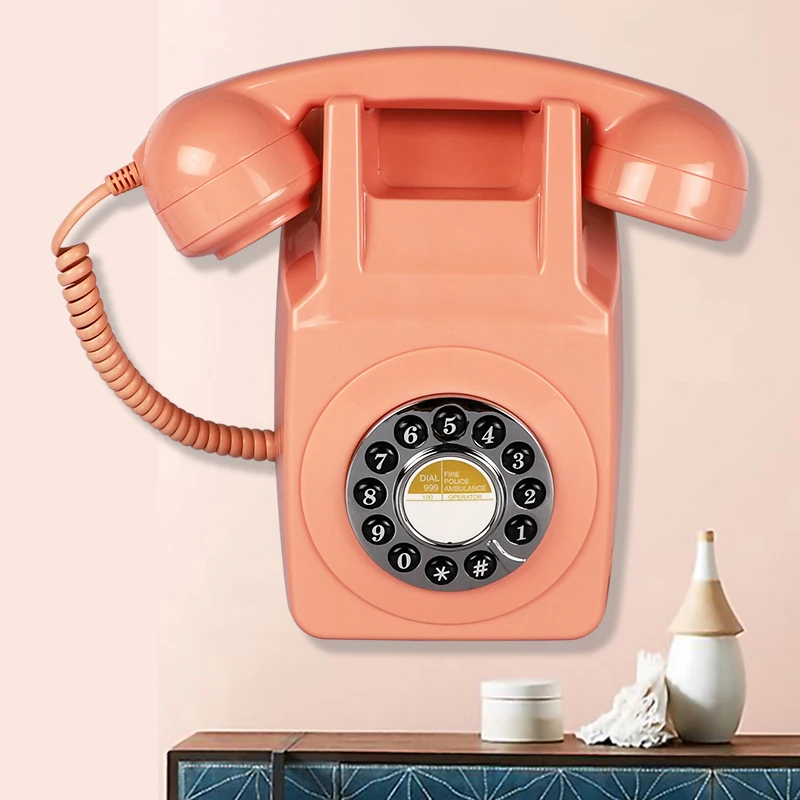 Retro Wall Mount Phone Plastic Telephone with Button Dial and Mechanical Bell, Wall Landline Telephone for Kitchen, Bathroom