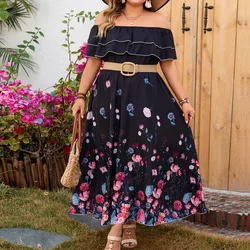 Plus Size Damen schulter freies langes Kleid Bohemian Style Blumen lose schwarze Kleid Kurzarm übergroße Kleidung