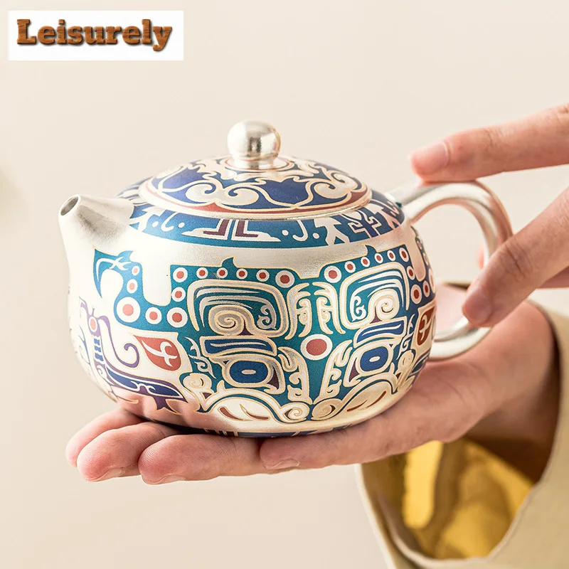 High End 999 Gilded Silver Teapot Boutique Taotie Pattern Xishi Pot Tea Making Kettle With Ball Hole Filter Tea Accessories Gift