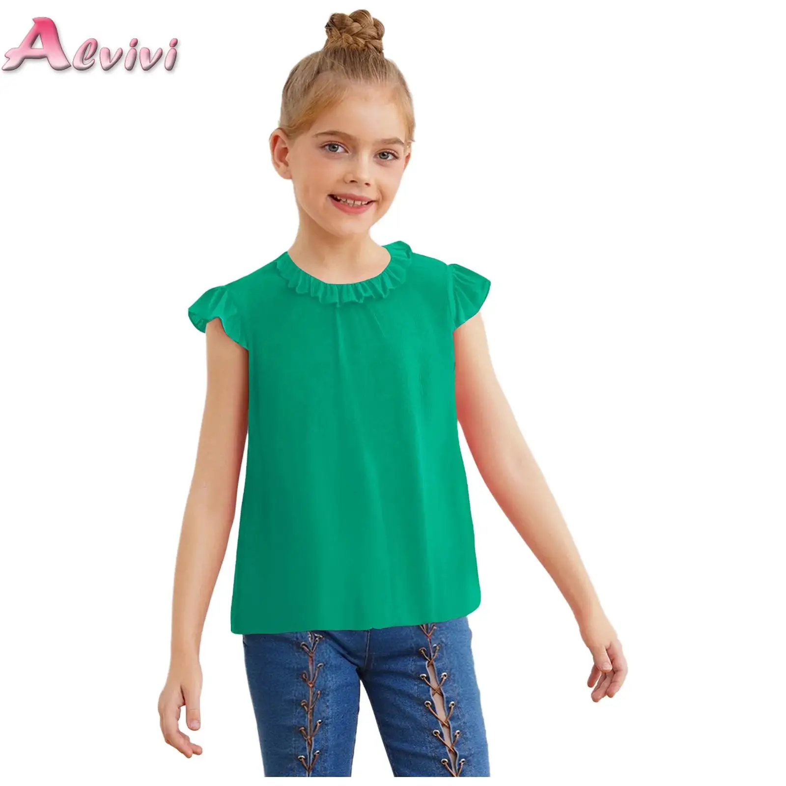 

Kids Girls Cute Ruffled Sleeves Frilly Collar Blouse Tops with Lining for Wedding Party Birthday Photography 5-14 Years Old
