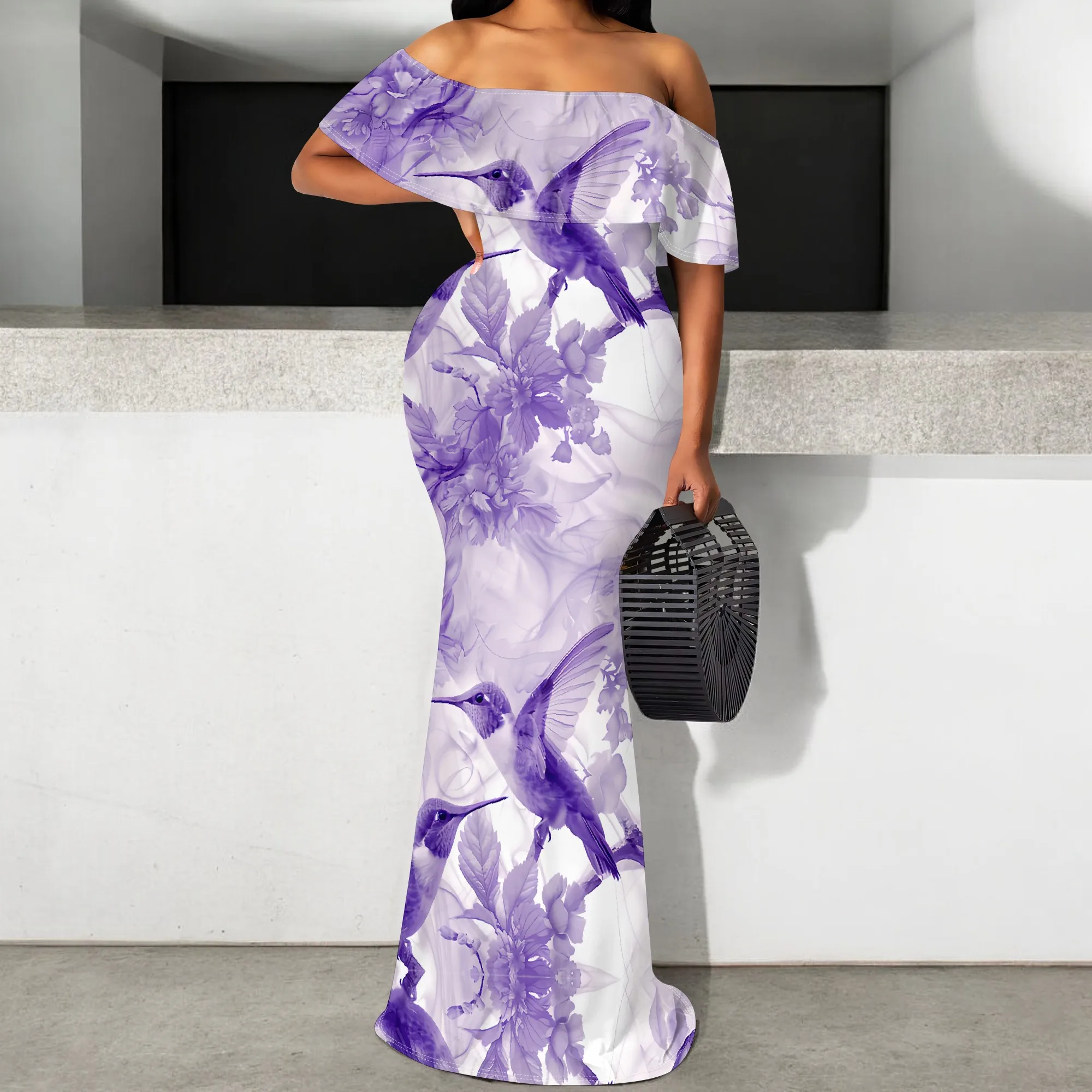 

Purple Floral Hummingbird Maxi Dress S-3XL Off Shoulder Elegant Long Dress for Women Church Wear