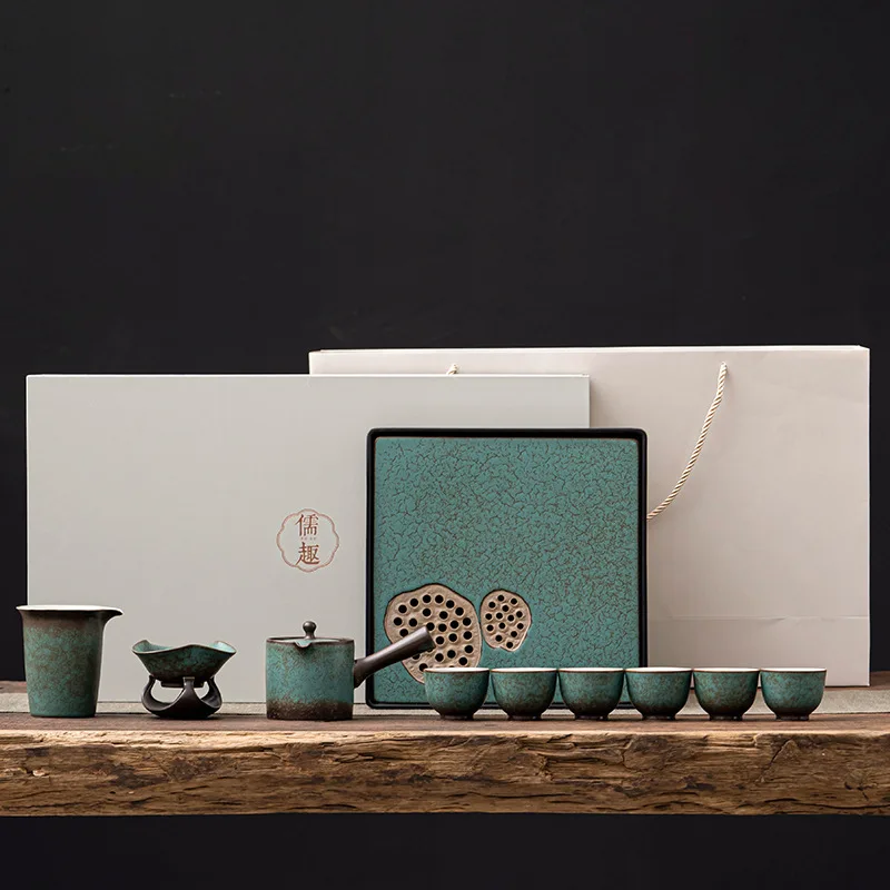 Black Ceramic Tea Set for Home Use, Luxury High-End Kung Fu Tea Brewing, Small Tea Tray, Office Reception Gift Box Set