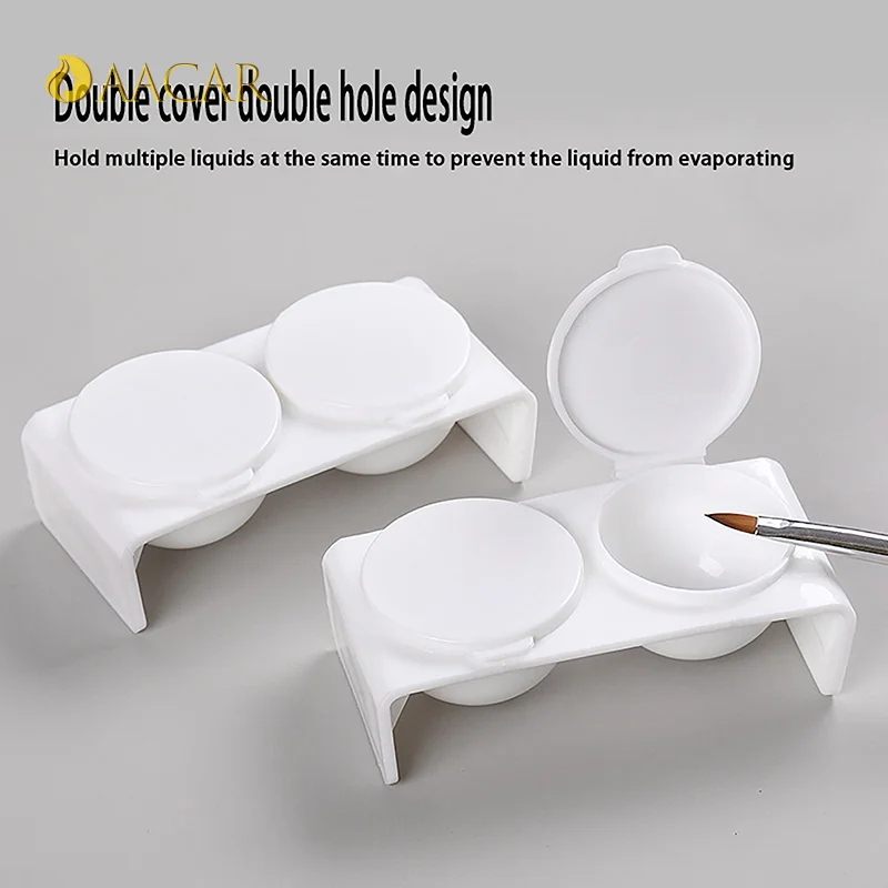 White Plastic Liquid Dappen Dish Twin Cup Nail Art Pigment Holder for Nail Brushes Washing Container with Lids Manicure Tool