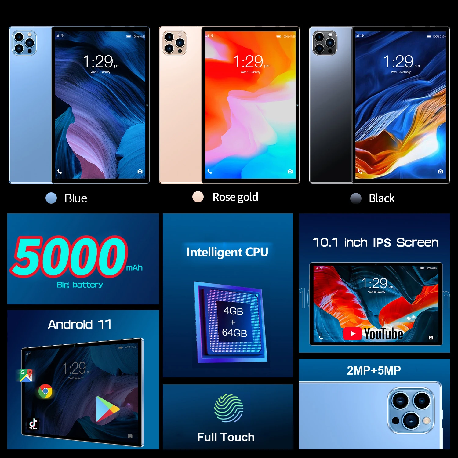 BDF 10,1 inch tablet Android 11, 4GB RAM 64GB ROM, 1TB uitbreiding, 1280x800 IPS-scherm 5000MAH batterij, GSM 3G-netwerk, WiFi