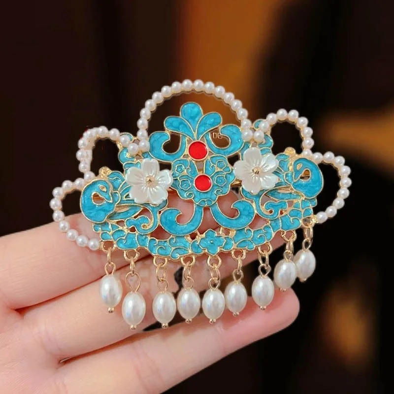 

New Chinese-Style Enamel Cloud Hairpin with Pearl Tassels, Ancient Style Hanfu Hair Accessory, Side Clip, Chinese-Style Hairpin