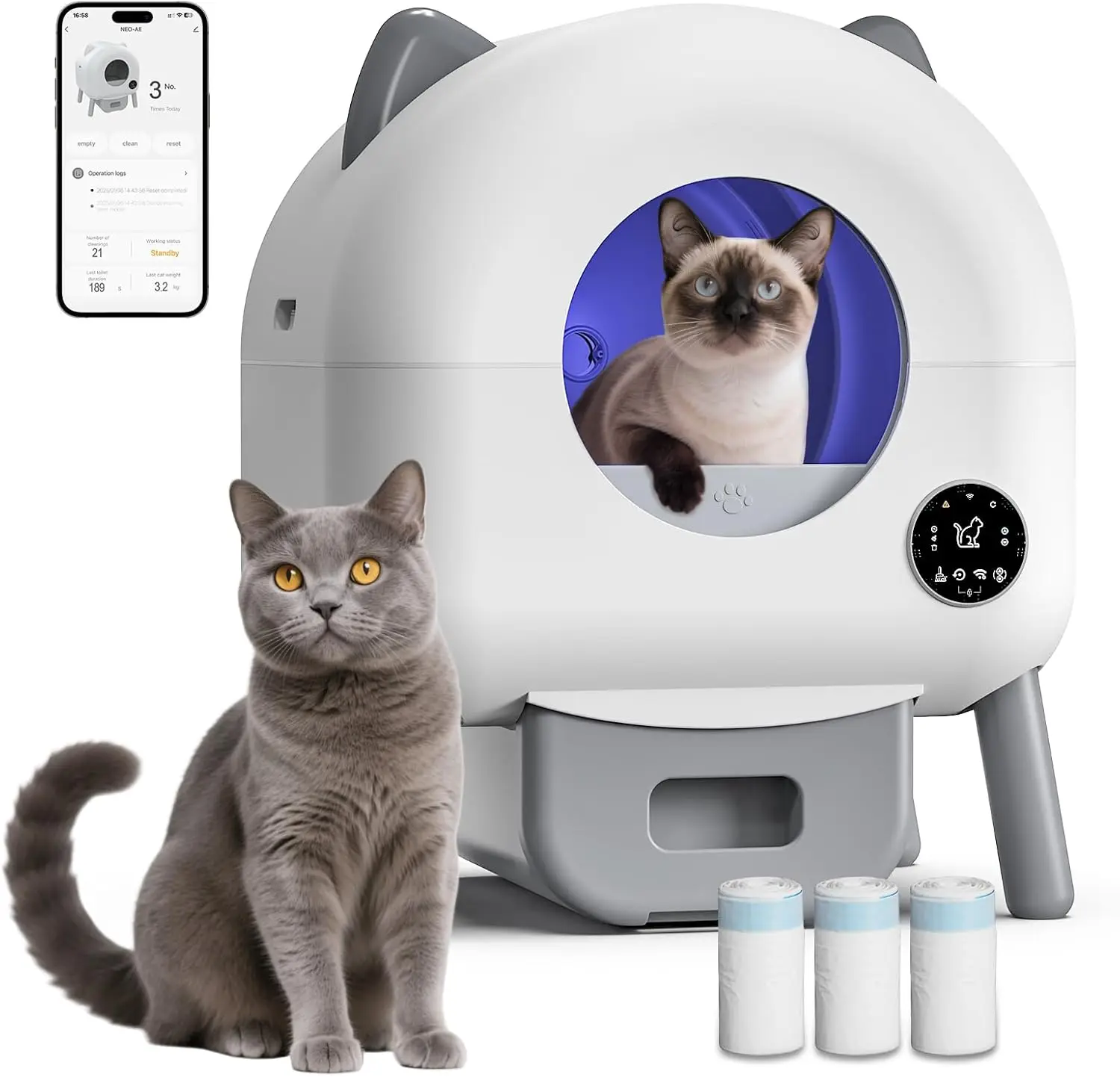 Self-Cleaning Litter Box, Automatic Cat Litter Box Robot with APP Control and Safety Protection for Multiple Cats, 105L