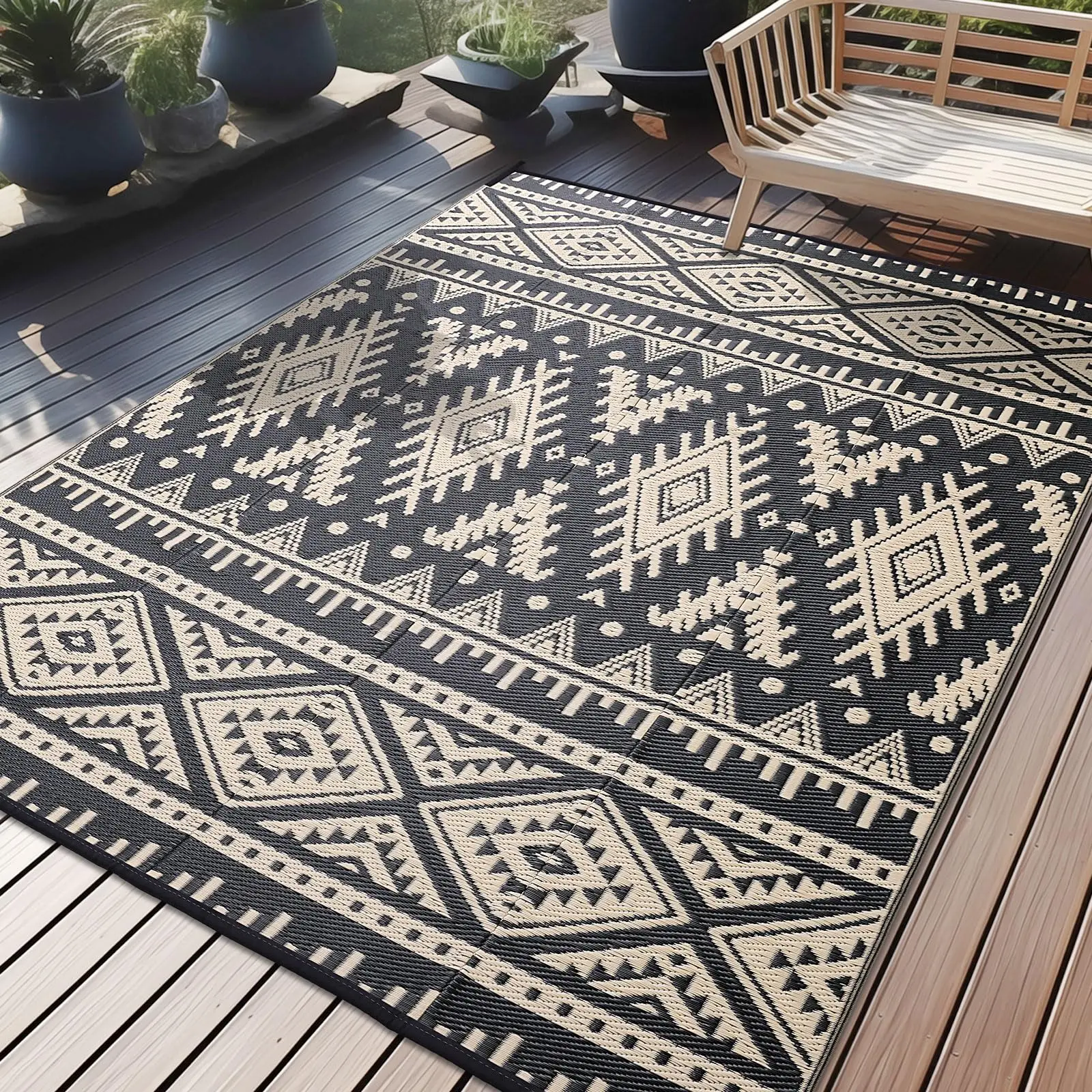 Olanly Alfombra de paja de plástico para exteriores, alfombra impermeable para interiores y exteriores, alfombra de moda lavable a máquina para Patio, campamento, Picnic, patio trasero