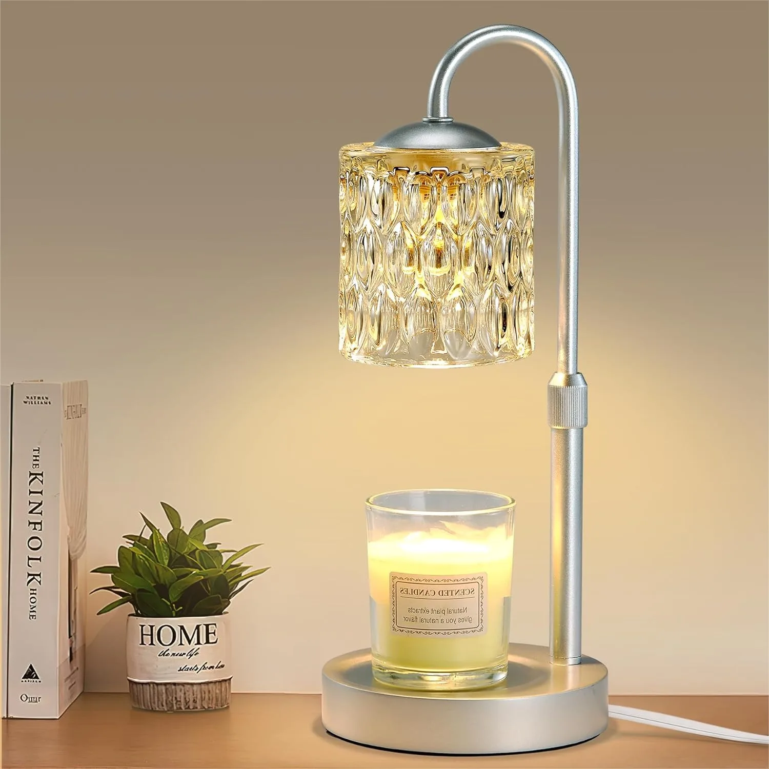 

Dimmable Candle Warmer Lamp with Timer, Height Adjustable Electric Wax Melter for Home Decor, Silver Solid Wood Base