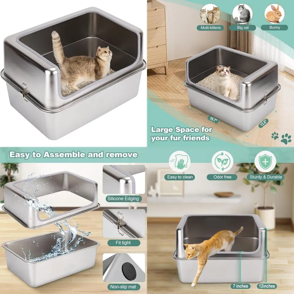 

Extra Large Stainless Steel Cat Litter Box with Metal Lid, 20x14x12 Inch High Wall Enclosure - Odor-Free and Easy to Clean