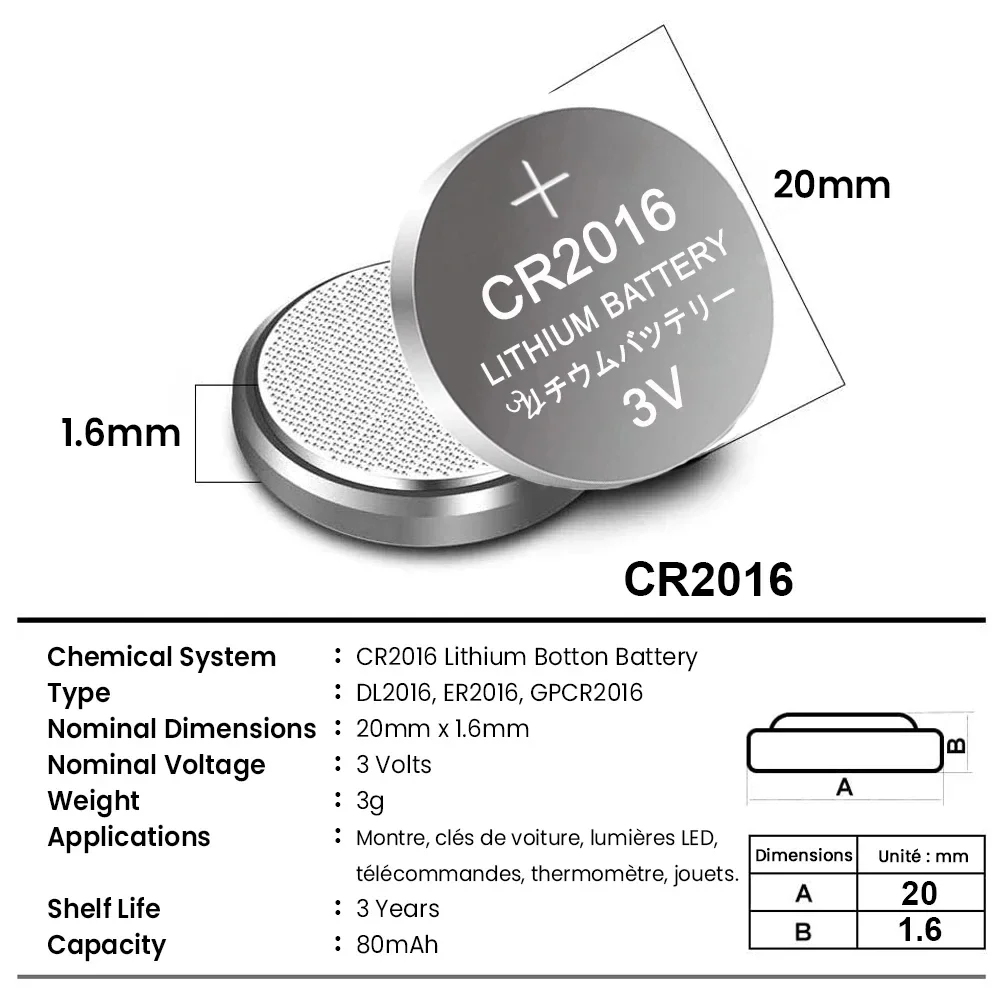 

80mAh 3V CR2016 Button Coin Cell DL2016 ECR2016 BR2016 3V Lithium Battery For Watch Car Key Remote Computer Motherboard