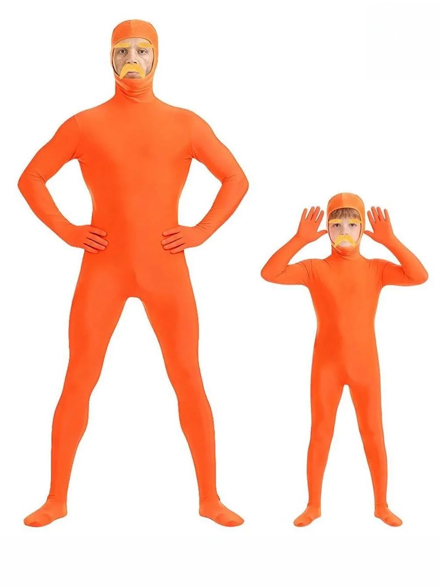 Orange Zentai Suit with Yellow Beard And Eyebrows for Stage Performance Tight Body Suit Pure Color Costume Women's Fashion