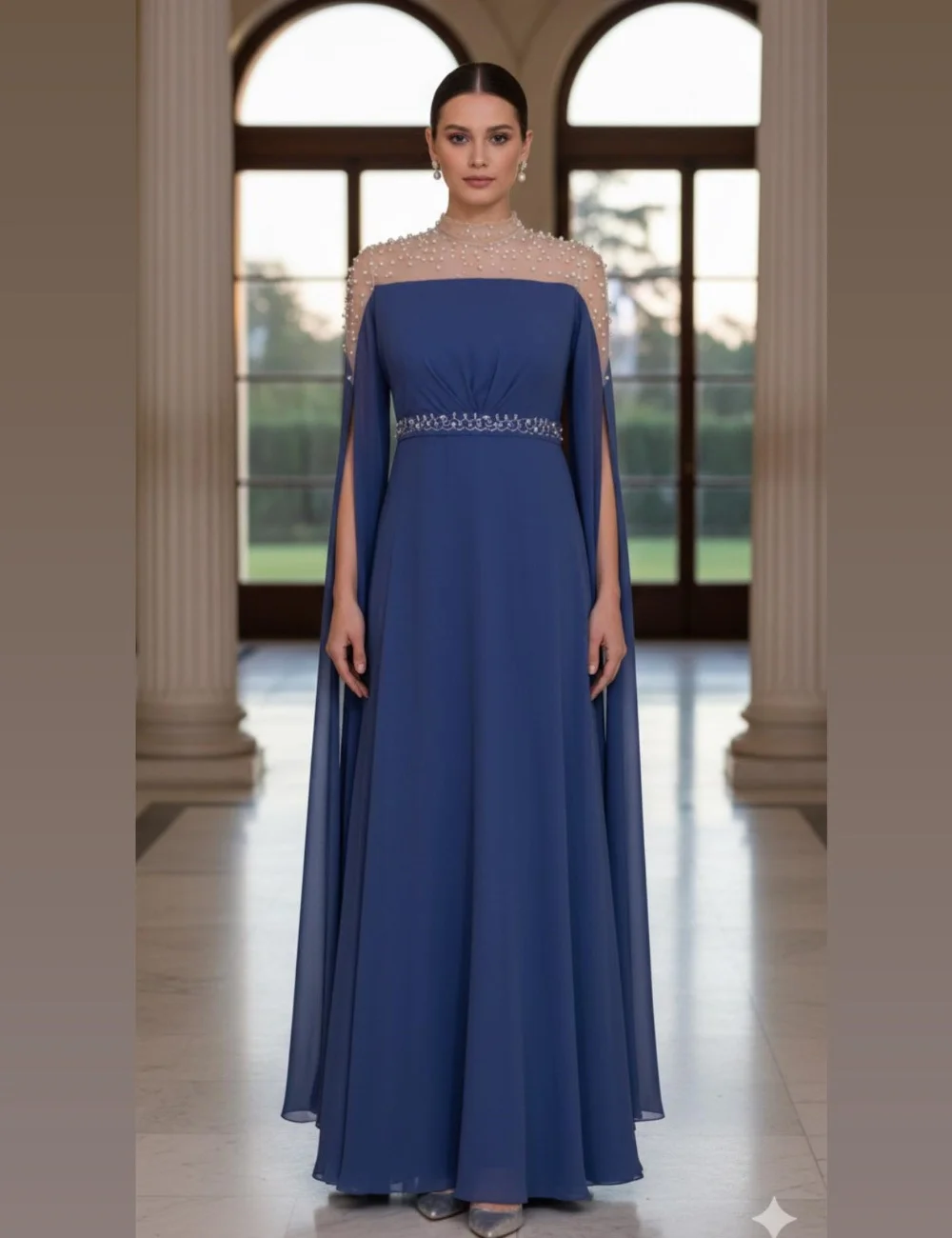 

Customized Navy Blue Chiffon Matching Casual Chiffon Pearl Sequined A-line High Collar Long Dresses Evening Dresses Exquisite