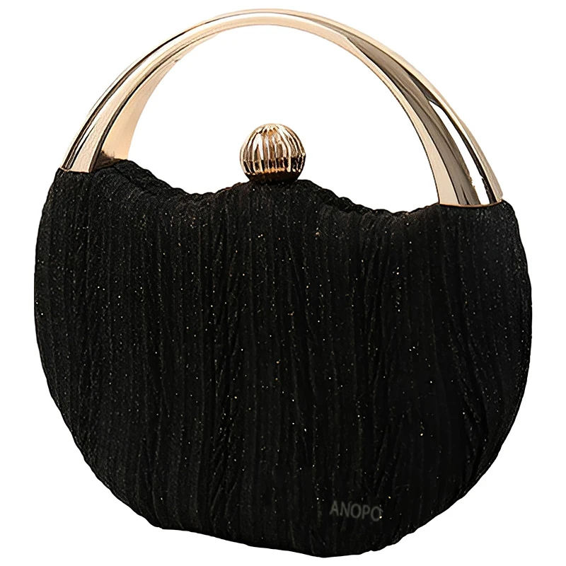 Pleated Round Hard Shell Evening Bag Clutch Purses with Top Handle Formal Women Wedding Party Handbag Crossbody Shoulder Boxes