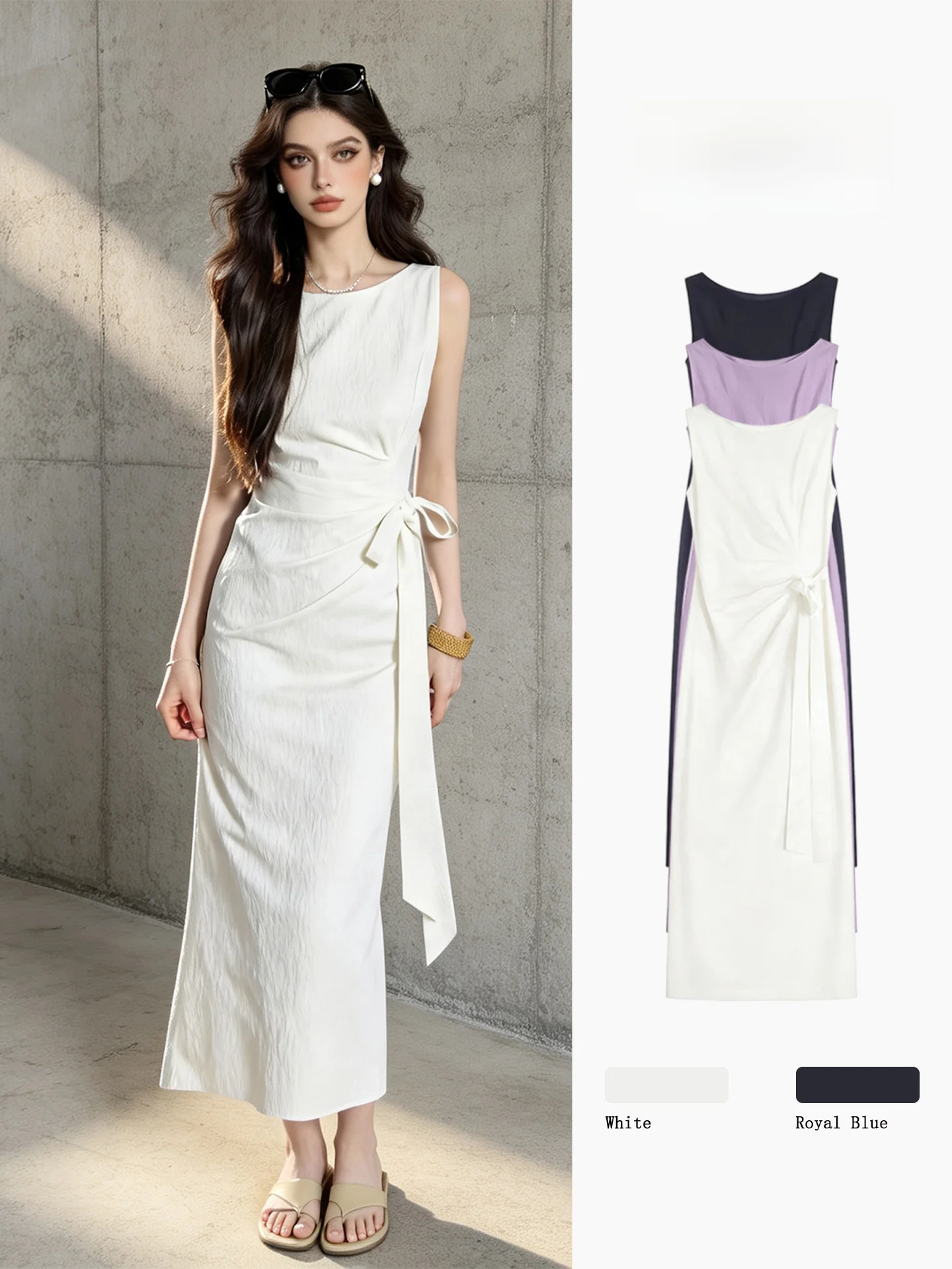 

White Sleeveless Dress Women's Summer Waist Cinching Slimming Knot High-End Feel Vacation Style Long Dress French Style Splice