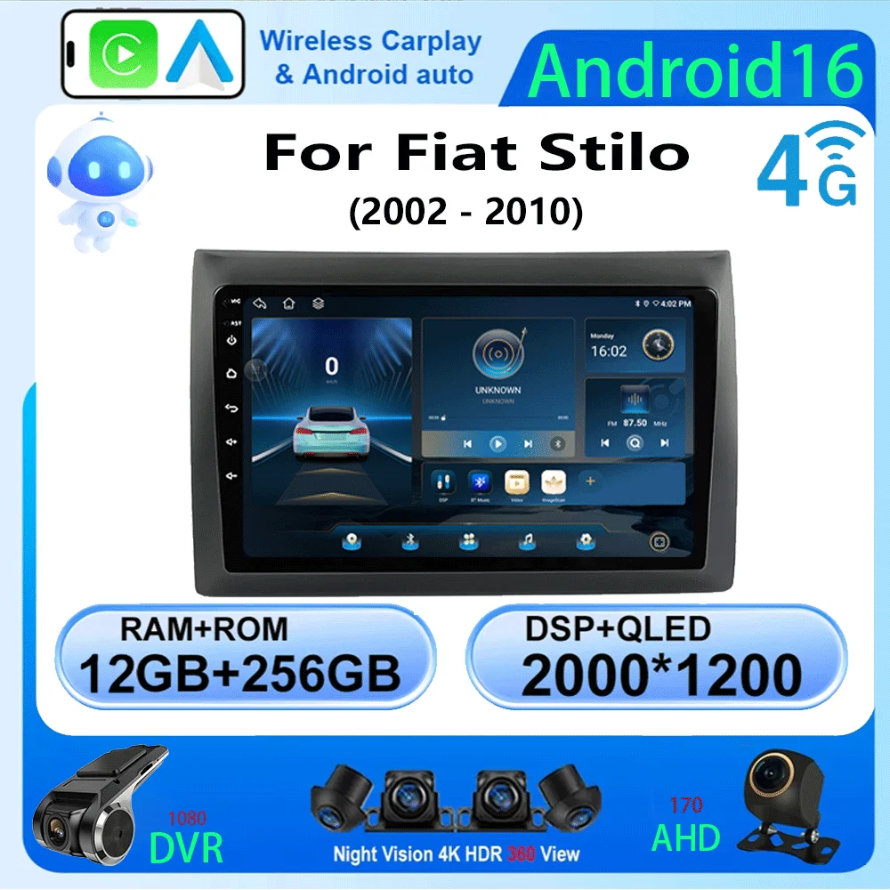 Android 16 Carplay Auto WIFI+4G For Fiat Stilo 2002-2010 Car Radio Multimedia Video Player Stereo GPS Navigation 2DIN Head Unit