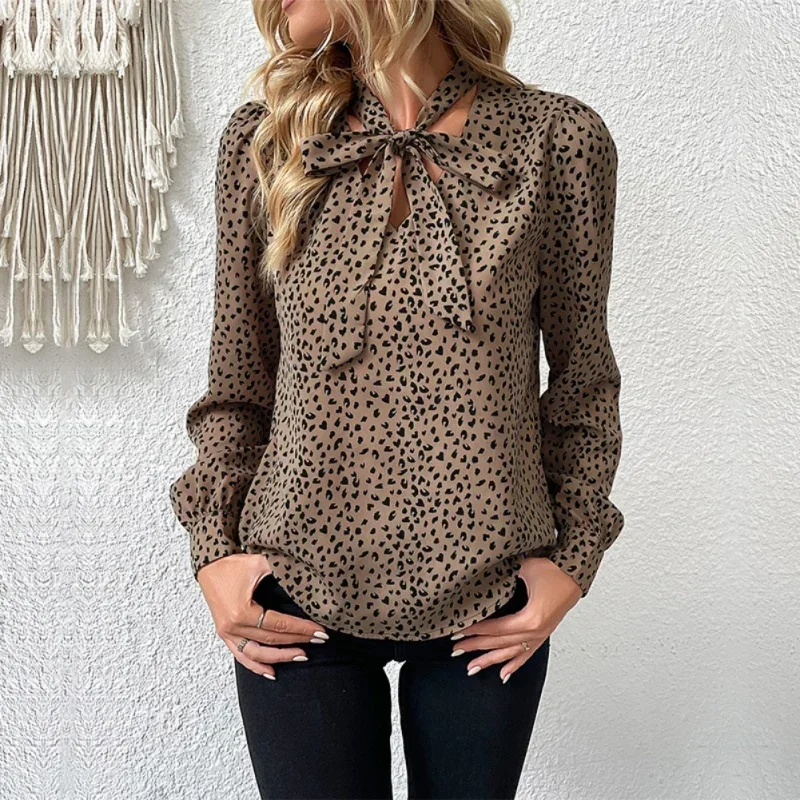 Autumn Women Long Sleeve Blouses for Women Leopard Print Chiffon Tops V Neck Loose Business Shirts