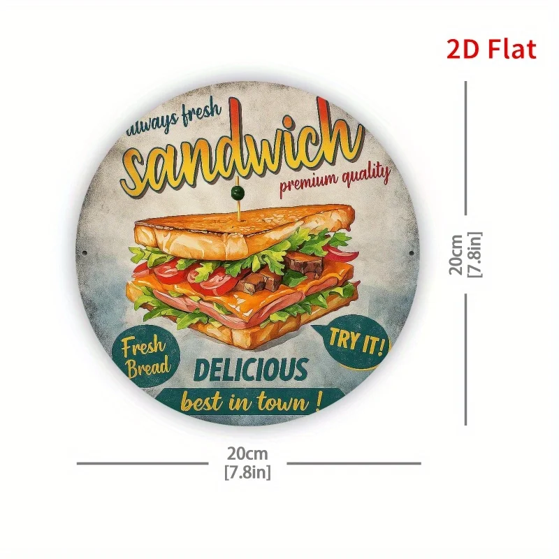 2D Flat Printing, Delicious Sandwich Advertising, Metal Plate Design, Suitable for Home, Office, Bedroom Decoration, Coffee Shop