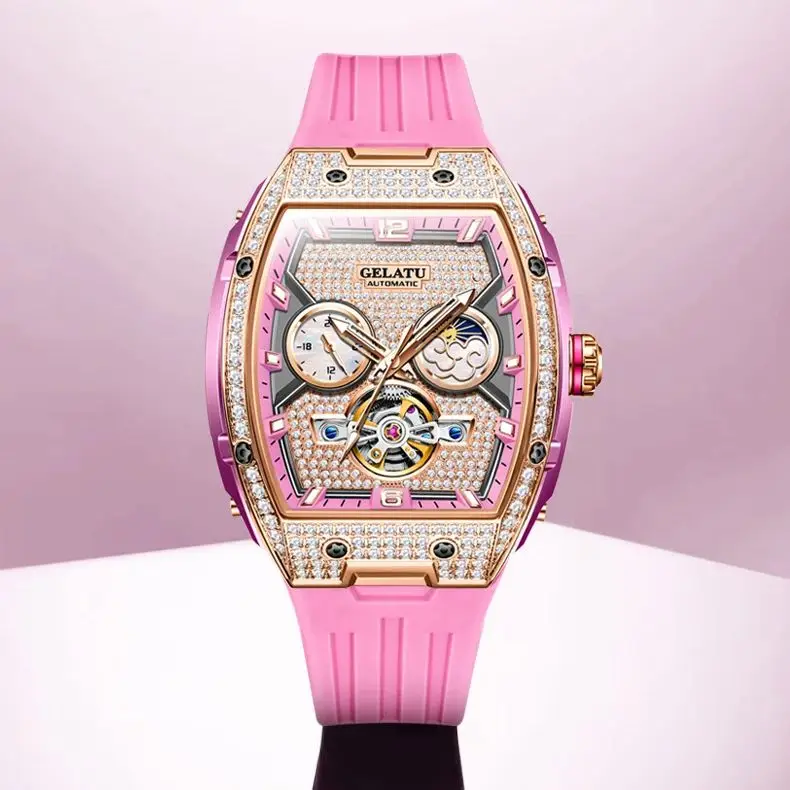 

GELATU 6016 Diamond Hollow Women Automatic Mechanical Watches Luxury Ladies' Wristwatch Deep Waterproof Date Watch