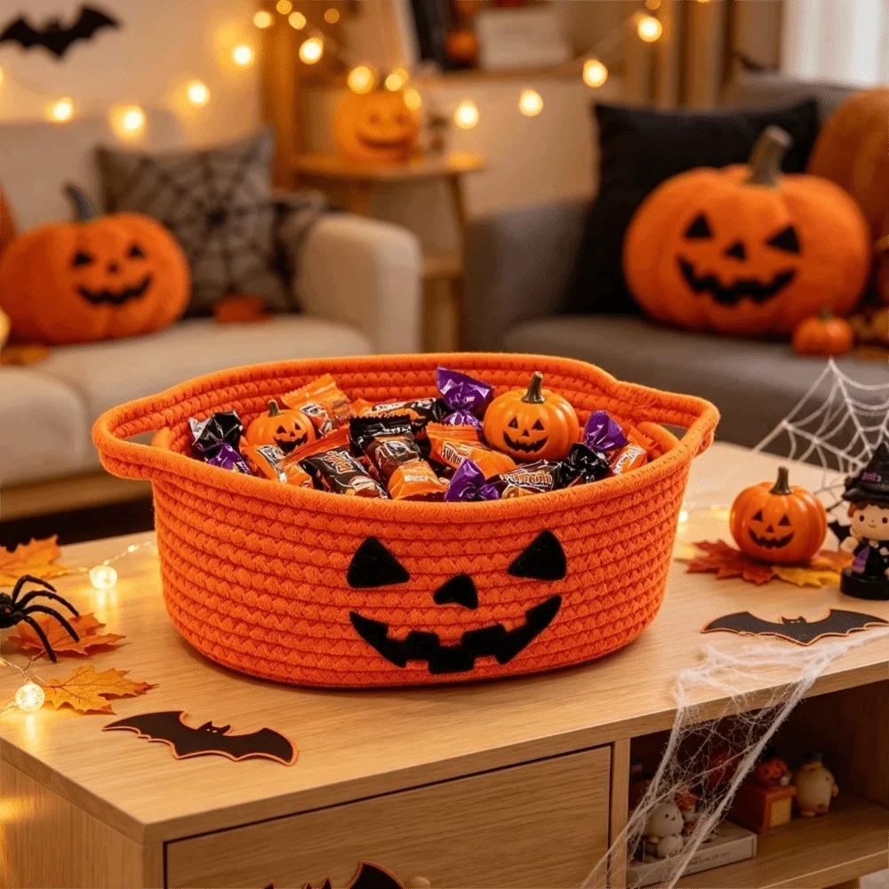 Foldable Halloween Crochet Storage Basket with Double Ear Handles Large Capacity Orange Pumpkin Face Basket Cute Cotton Rope