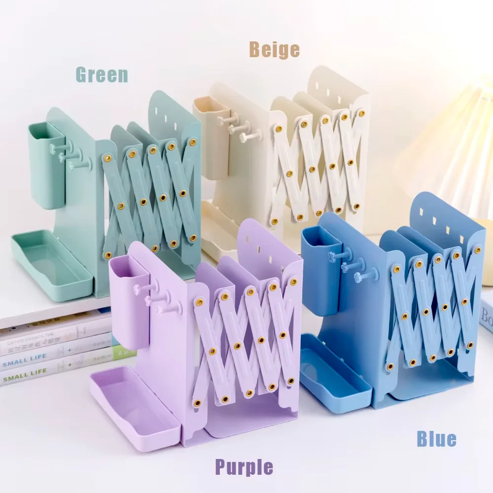 Bookstand Desktop with Retractable Bookshelf Book Storage and Storage Rack with Pen Holder Fixed Book Clip Student Foldable Vook
