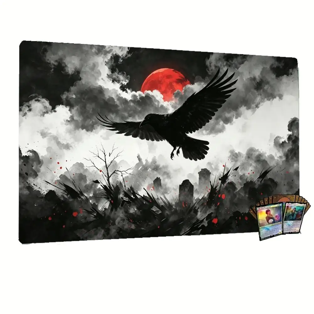 Dark Ink Wash Red Moon Silhouette Extended Playmat Stitched Edge Non-Slip Rubber Large Card Game Desk Mat
