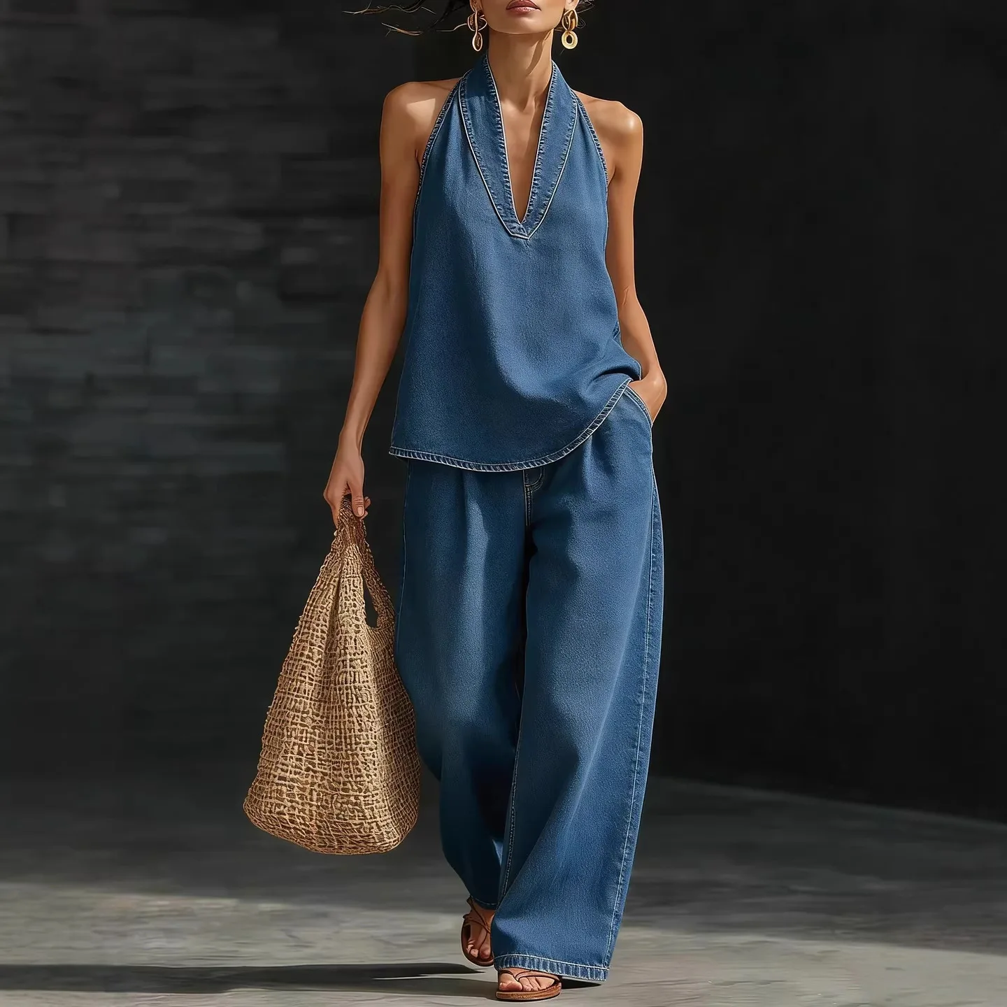 2026 Summer Women Sleeveless Denim Suit V-Neck High Waist Casual Loose Pants Outfit Simple Chic Two Pieces Loungewear Sets