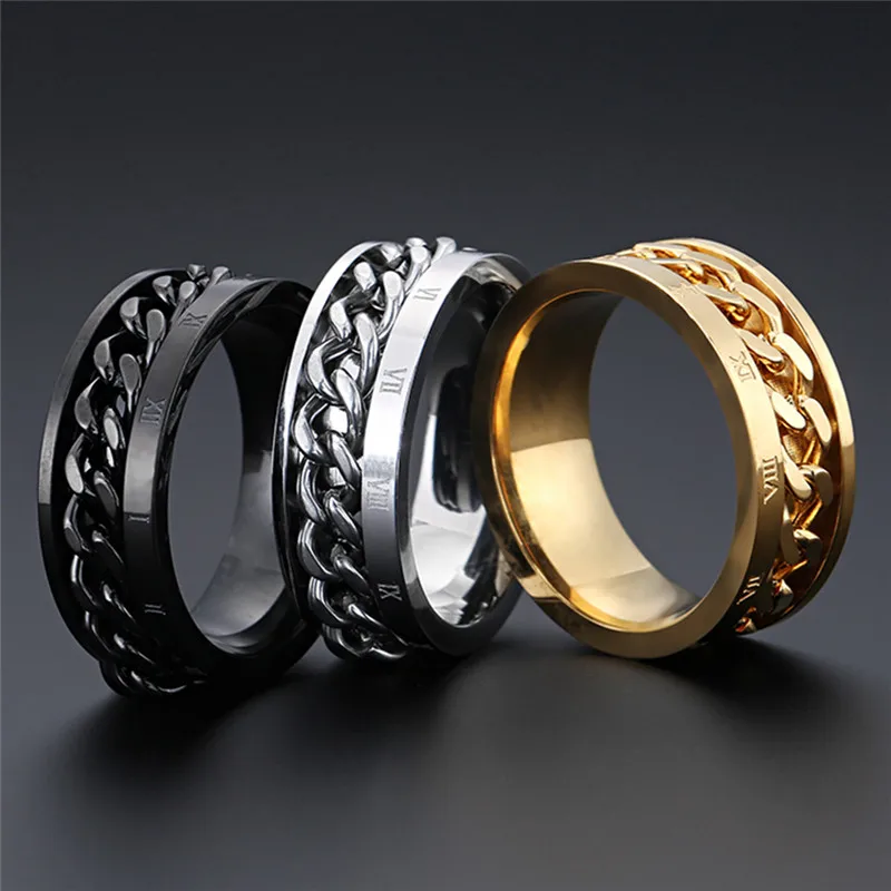 Unisex Gold Color Roman Numerals Spinner Chain Ring